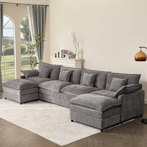Black Chenille U Shaped Modular Sectional Sofa with Ottoman X354608