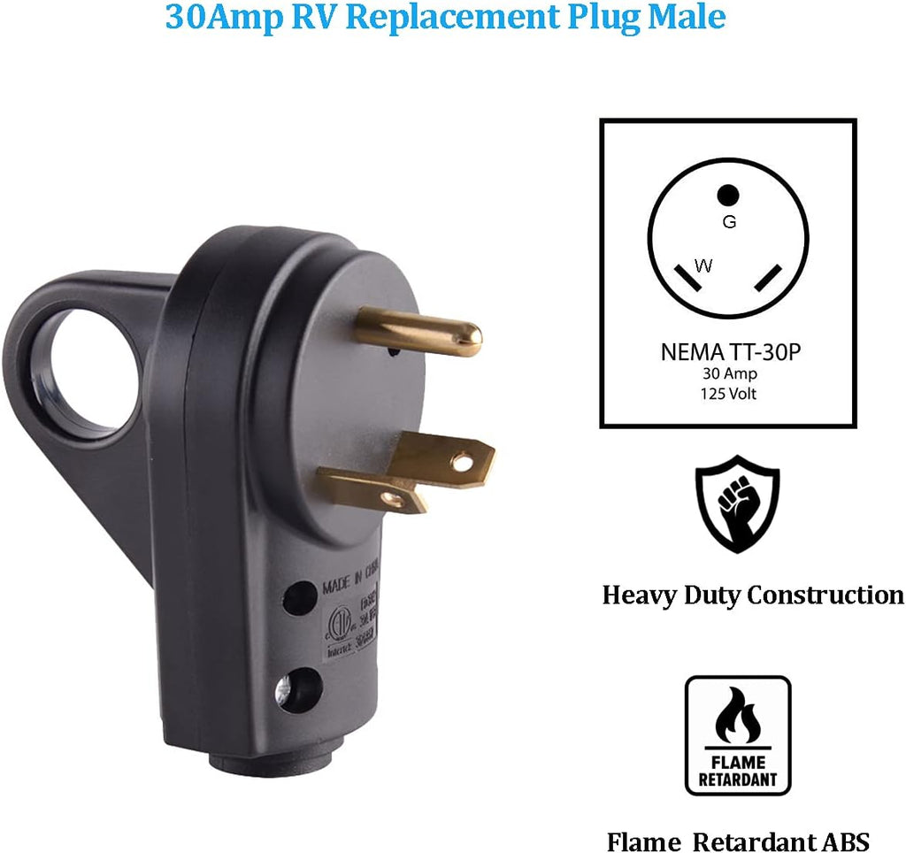 30 Amp RV Plug Male Replacement 3 Prong Electrical Power Connector Pack of 2 C34981