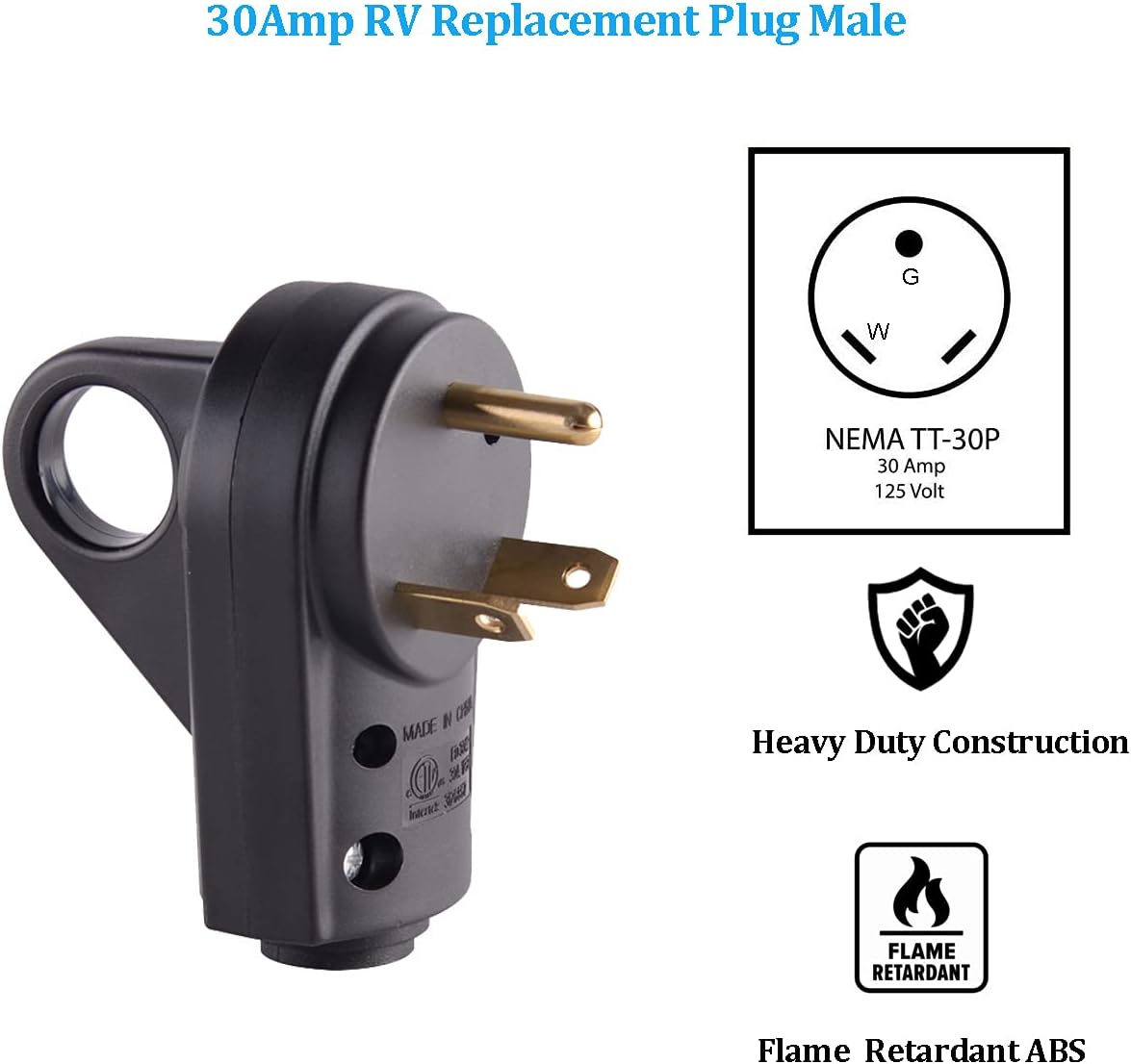 30 Amp RV Plug Male Replacement 3 Prong Electrical Power Connector Pack of 2 C34981
