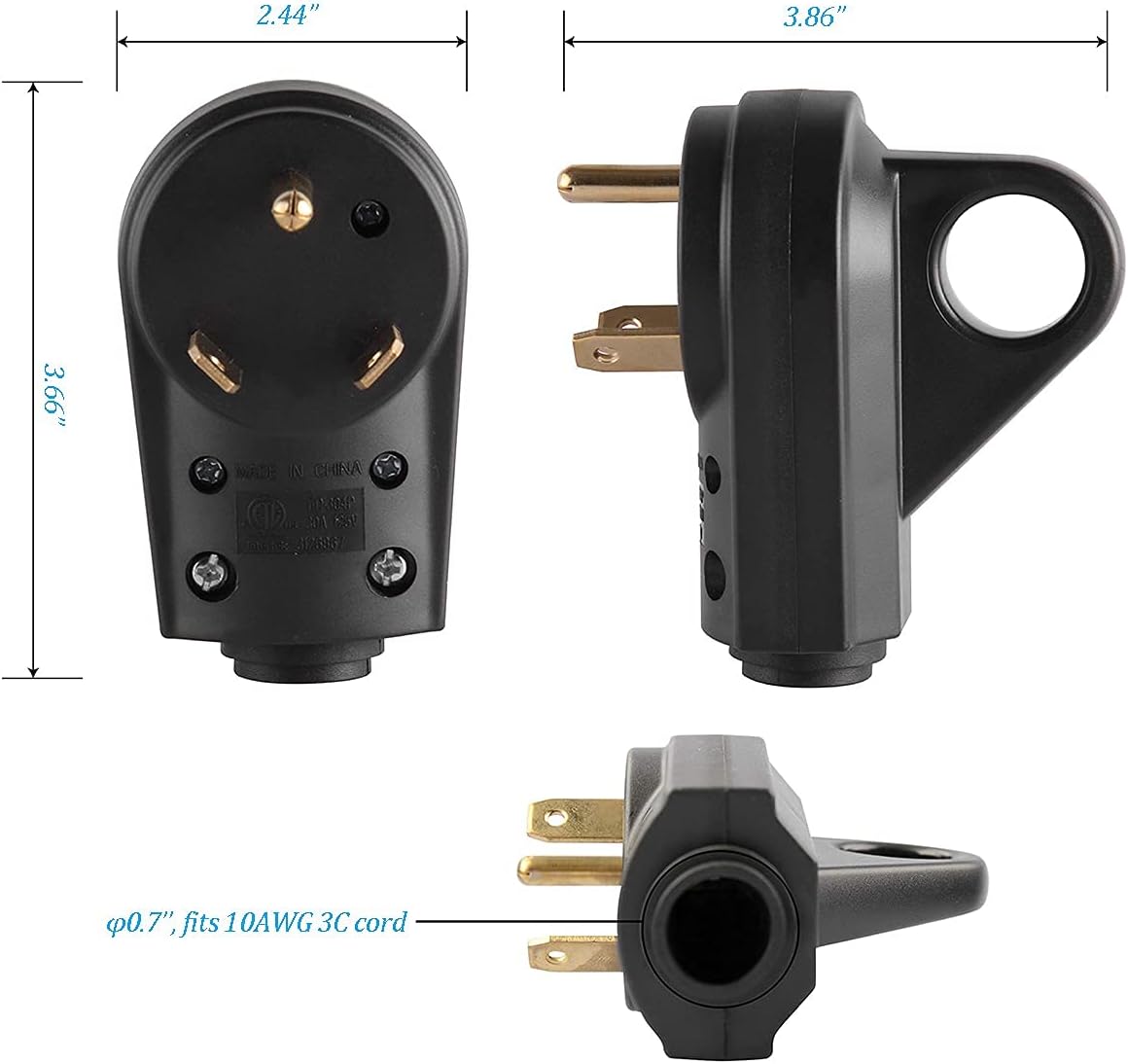 30 Amp RV Plug Male Replacement 3 Prong Electrical Power Connector Pack of 2 C34981