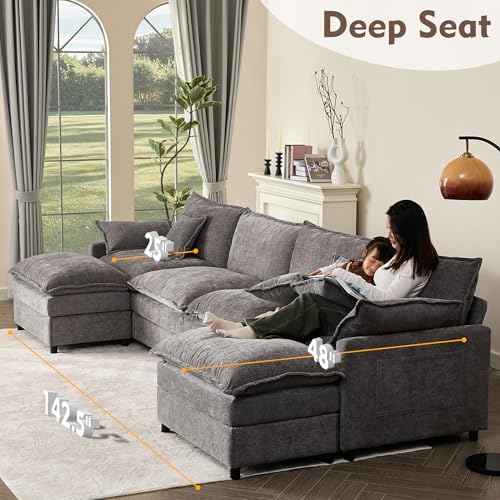 Black Chenille U Shaped Modular Sectional Sofa with Ottoman X354608