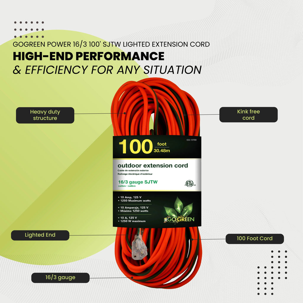 16/3 100 Ft SJTW Outdoor Extension Cord with Lighted End B1483