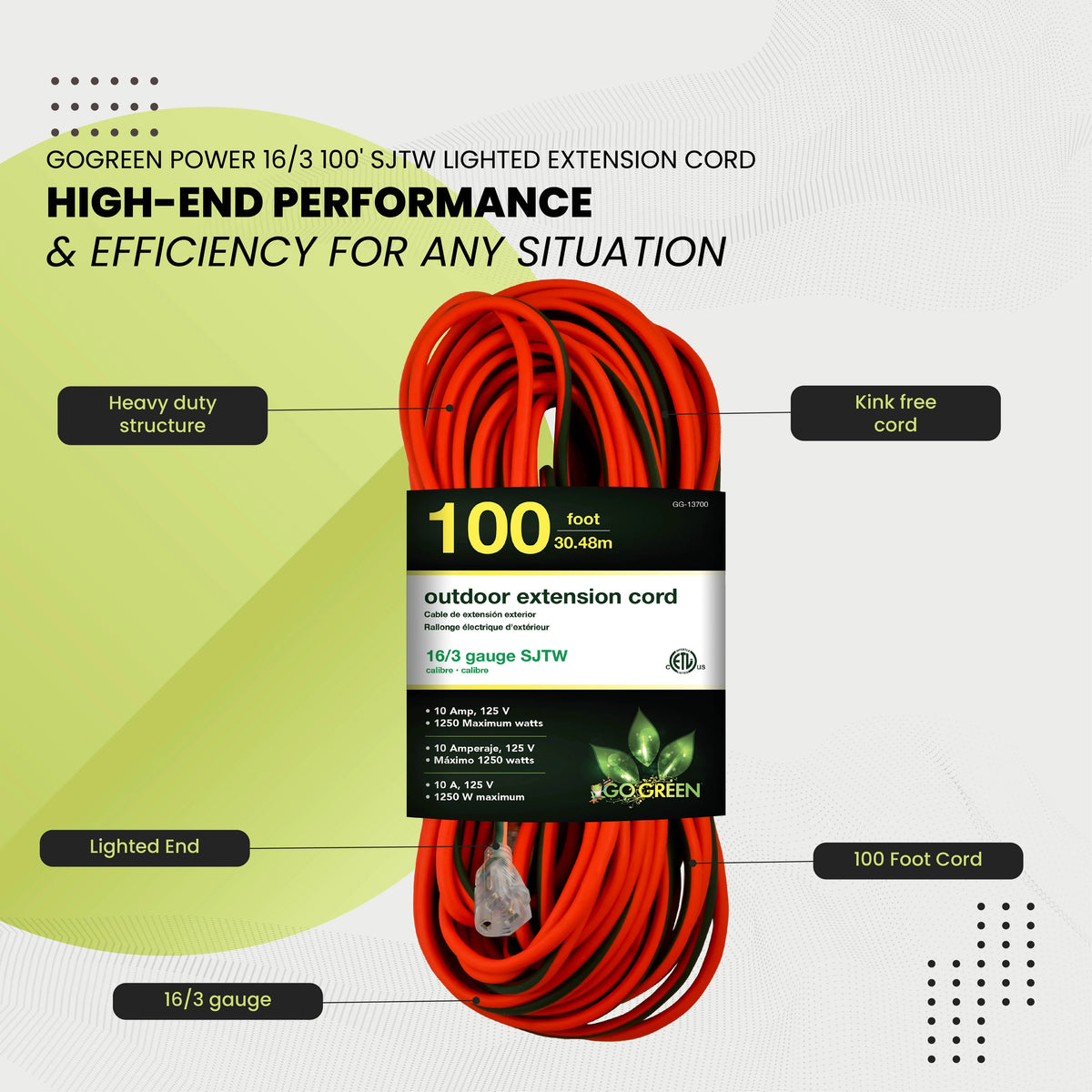 16/3 100 Ft SJTW Outdoor Extension Cord with Lighted End B1483