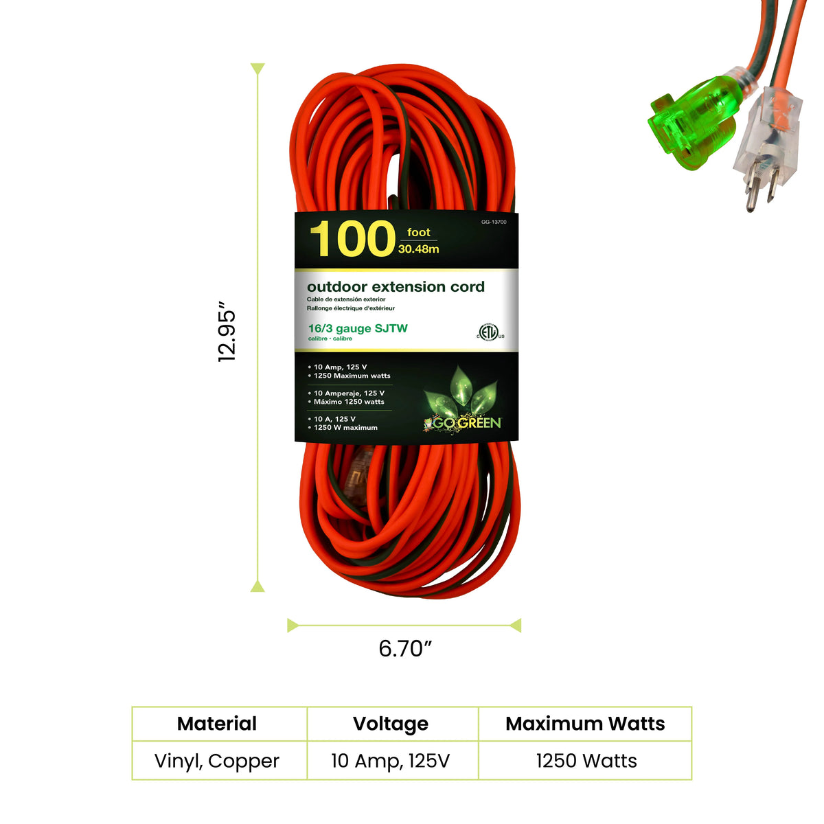 16/3 100 Ft SJTW Outdoor Extension Cord with Lighted End B1483